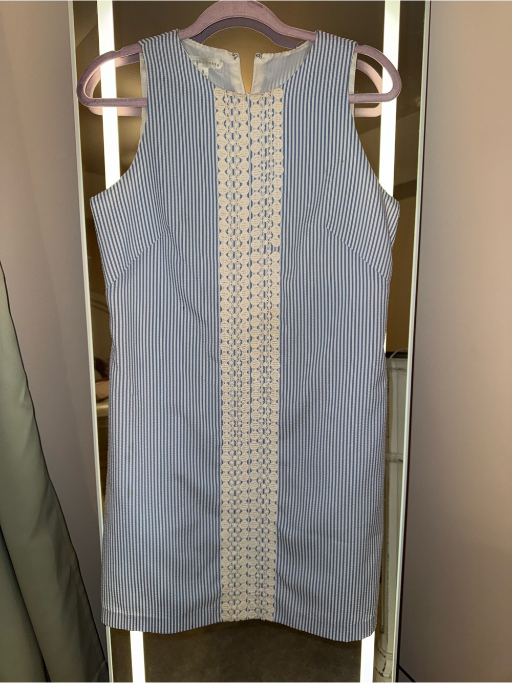 Sleeveless Blue Stripe seersucker Dress with Ivory Lace Panel. London times